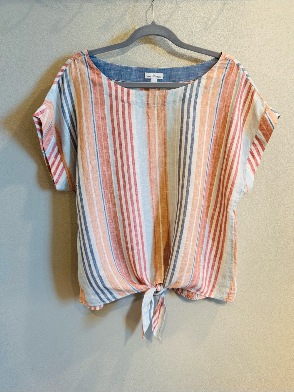 L.L. Bean Signature 100% Linen Striped Tie-Front Blouse in Coral, Blue & Cream